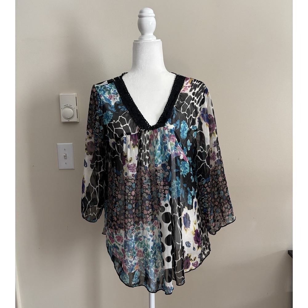Vintage Y2K 2000s Sheer Top Ultra Pink Size Large XL Floral Black Blue Lace
